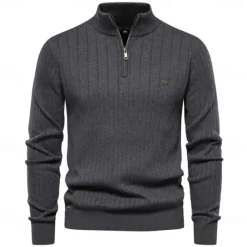 Clearance OUKU Men's Cotton Knit Vertical Stripes Half Zip Knitwear Elegant Christmas Gifts Home Clothing Apparel Fall Winter Black Navy Blue S M L