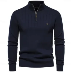 Clearance OUKU Men's Cotton Knit Vertical Stripes Half Zip Knitwear Elegant Christmas Gifts Home Clothing Apparel Fall Winter Black Navy Blue S M L