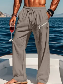 Clearance OUKU Men's Cotton Linen Pants Drawstring Elastic Waist Wide Leg Baggy Pants Graphic Letter Printed Comfort Full Length Outdoor Streetwear Vacation Hawaiian Trousers White Blue Micro-elastic