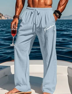 Clearance OUKU Men's Cotton Linen Pants Drawstring Elastic Waist Wide Leg Baggy Pants Graphic Letter Printed Comfort Full Length Outdoor Streetwear Vacation Hawaiian Trousers White Blue Micro-elastic