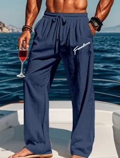 Clearance OUKU Men's Cotton Linen Pants Drawstring Elastic Waist Wide Leg Baggy Pants Graphic Letter Printed Comfort Full Length Outdoor Streetwear Vacation Hawaiian Trousers White Blue Micro-elastic