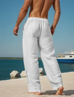 Clearance OUKU Men's Cotton Linen Pants Drawstring Elastic Waist Wide Leg Baggy Pants Graphic Letter Printed Comfort Full Length Outdoor Streetwear Vacation Hawaiian Trousers White Blue Micro-elastic