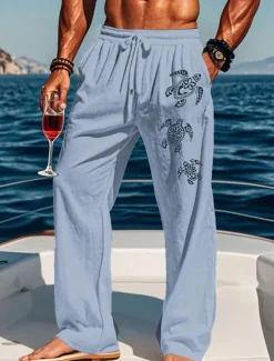 Discount OUKU Men's Cotton Linen Pants Drawstring Elastic Waist Wide Leg Baggy Pants Turtle Sea Creatures Comfort Full Length Outdoor Streetwear Vacation Hawaiian Trousers White Blue Micro-elastic