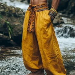 Online OUKU Men's Cotton Linen Pants Summer Pants Bloomers Baggy Pants Pocket Color Block Comfort Breathable Daily Holiday Retro Vintage Chinese Style Yellow