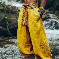 Online OUKU Men's Cotton Linen Pants Summer Pants Bloomers Baggy Pants Pocket Color Block Comfort Breathable Daily Holiday Retro Vintage Chinese Style Yellow
