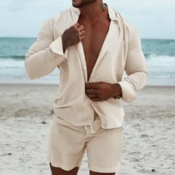 Clearance OUKU Men's Cotton Linen Shirt 2 Piece Shirt Set Summer Shirt Summer Set Beach Shirt Plain Street Daily Purple Apricot Long Sleeve Collar Summer Clothing Apparel 2 Piece