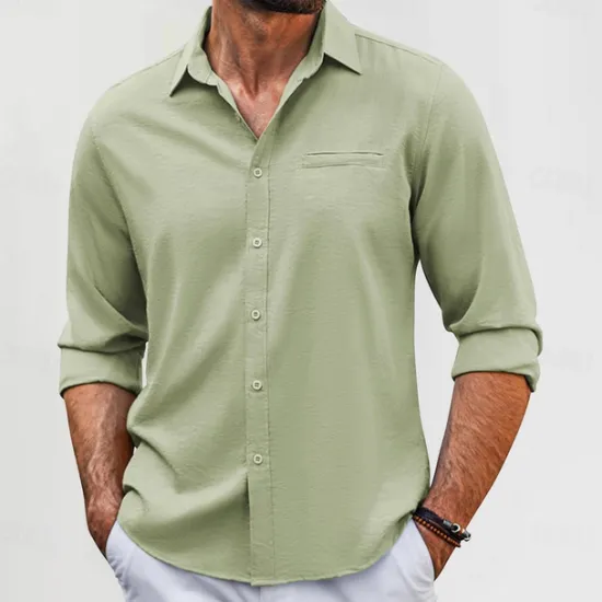 Best OUKU Men's Cotton Linen Shirt Plain Vacation Black White Green Apricot Long Sleeve Lapel Clothing Apparel Front Pocket