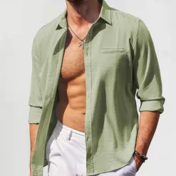 Best OUKU Men's Cotton Linen Shirt Plain Vacation Black White Green Apricot Long Sleeve Lapel Clothing Apparel Front Pocket