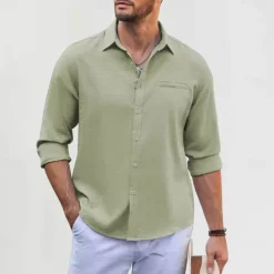 Best OUKU Men's Cotton Linen Shirt Plain Vacation Black White Green Apricot Long Sleeve Lapel Clothing Apparel Front Pocket
