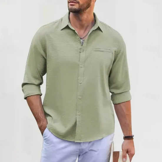 Best OUKU Men's Cotton Linen Shirt Plain Vacation Black White Green Apricot Long Sleeve Lapel Clothing Apparel Front Pocket