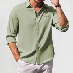 Best OUKU Men's Cotton Linen Shirt Plain Vacation Black White Green Apricot Long Sleeve Lapel Clothing Apparel Front Pocket