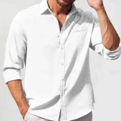 Best OUKU Men's Cotton Linen Shirt Plain Vacation Black White Green Apricot Long Sleeve Lapel Clothing Apparel Front Pocket