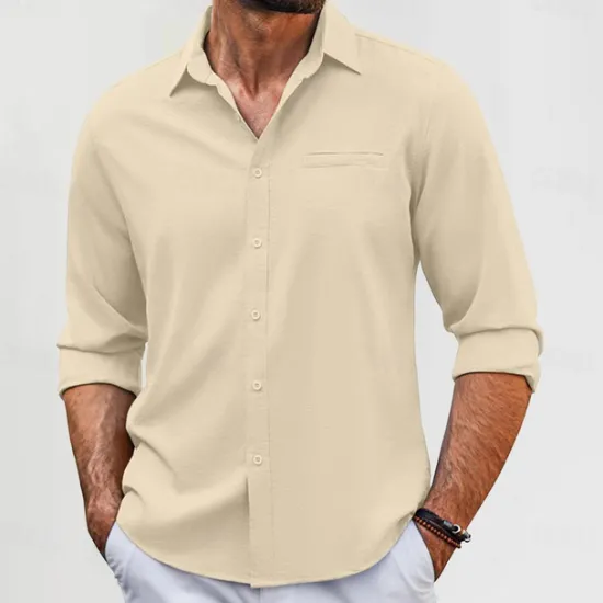 Best OUKU Men's Cotton Linen Shirt Plain Vacation Black White Green Apricot Long Sleeve Lapel Clothing Apparel Front Pocket