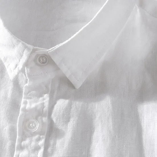 Sale OUKU Men's Cotton Linen Shirt Plain Vacation White Sky Blue Dark Blue Apricot Short Sleeve Grandad Summer Clothing Apparel
