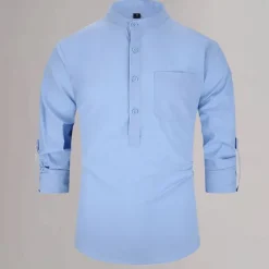 New OUKU Men's Cotton Linen Shirt Plain Daily Wear Black White Yellow Dark Navy 3/4 Length Sleeve Henley Clothing Apparel Button-Down