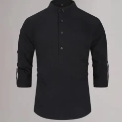 New OUKU Men's Cotton Linen Shirt Plain Daily Wear Black White Yellow Dark Navy 3/4 Length Sleeve Henley Clothing Apparel Button-Down