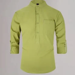 New OUKU Men's Cotton Linen Shirt Plain Daily Wear Black White Yellow Dark Navy 3/4 Length Sleeve Henley Clothing Apparel Button-Down
