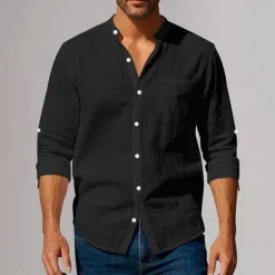 New OUKU Men's Cotton Linen Shirt Plunging Neck Plain Vacation Beach Black White Khaki Dark Gray Long Sleeve Grandad Collar Summer Spring Clothing Apparel Pocket