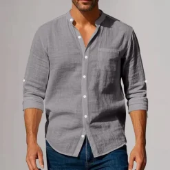 New OUKU Men's Cotton Linen Shirt Plunging Neck Plain Vacation Beach Black White Khaki Dark Gray Long Sleeve Grandad Collar Summer Spring Clothing Apparel Pocket