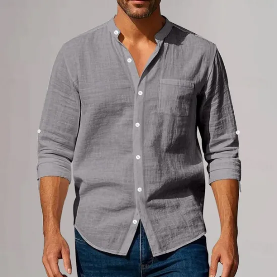 New OUKU Men's Cotton Linen Shirt Plunging Neck Plain Vacation Beach Black White Khaki Dark Gray Long Sleeve Grandad Collar Summer Spring Clothing Apparel Pocket
