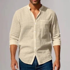 New OUKU Men's Cotton Linen Shirt Plunging Neck Plain Vacation Beach Black White Khaki Dark Gray Long Sleeve Grandad Collar Summer Spring Clothing Apparel Pocket