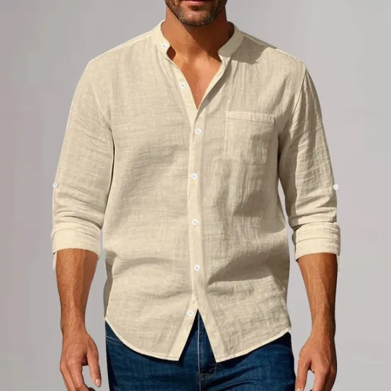 New OUKU Men's Cotton Linen Shirt Plunging Neck Plain Vacation Beach Black White Khaki Dark Gray Long Sleeve Grandad Collar Summer Spring Clothing Apparel Pocket