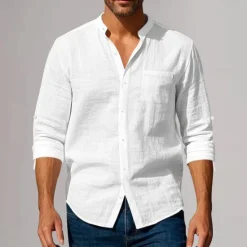 New OUKU Men's Cotton Linen Shirt Plunging Neck Plain Vacation Beach Black White Khaki Dark Gray Long Sleeve Grandad Collar Summer Spring Clothing Apparel Pocket