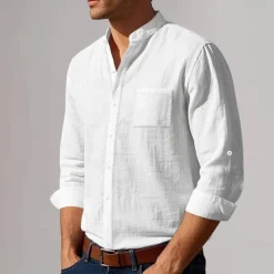 New OUKU Men's Cotton Linen Shirt Plunging Neck Plain Vacation Beach Black White Khaki Dark Gray Long Sleeve Grandad Collar Summer Spring Clothing Apparel Pocket