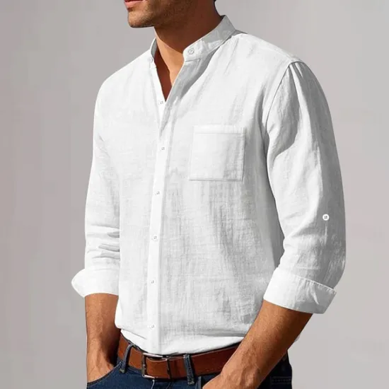 New OUKU Men's Cotton Linen Shirt Plunging Neck Plain Vacation Beach Black White Khaki Dark Gray Long Sleeve Grandad Collar Summer Spring Clothing Apparel Pocket