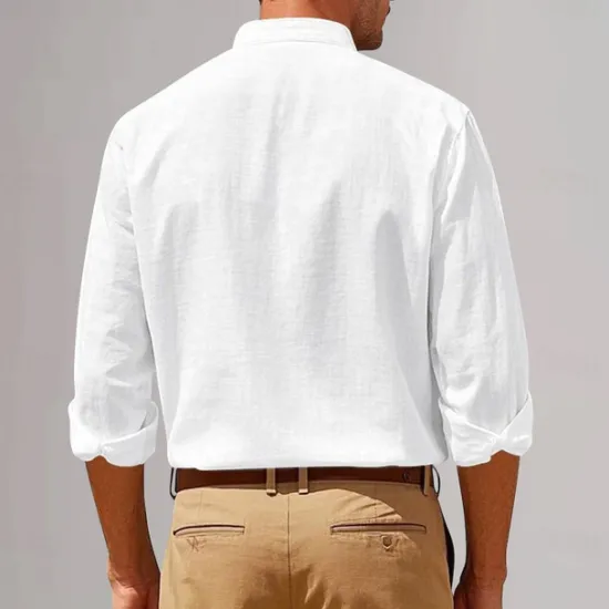 New OUKU Men's Cotton Linen Shirt Plunging Neck Plain Vacation Beach Black White Khaki Dark Gray Long Sleeve Grandad Collar Summer Spring Clothing Apparel Pocket