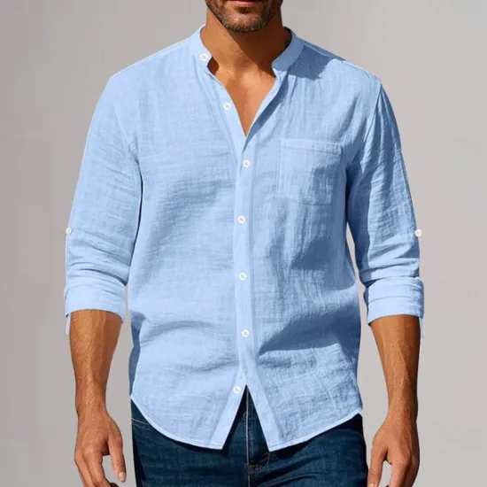 New OUKU Men's Cotton Linen Shirt Plunging Neck Plain Vacation Beach Black White Khaki Dark Gray Long Sleeve Grandad Collar Summer Spring Clothing Apparel Pocket