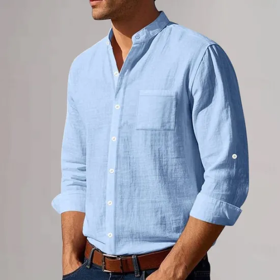 New OUKU Men's Cotton Linen Shirt Plunging Neck Plain Vacation Beach Black White Khaki Dark Gray Long Sleeve Grandad Collar Summer Spring Clothing Apparel Pocket