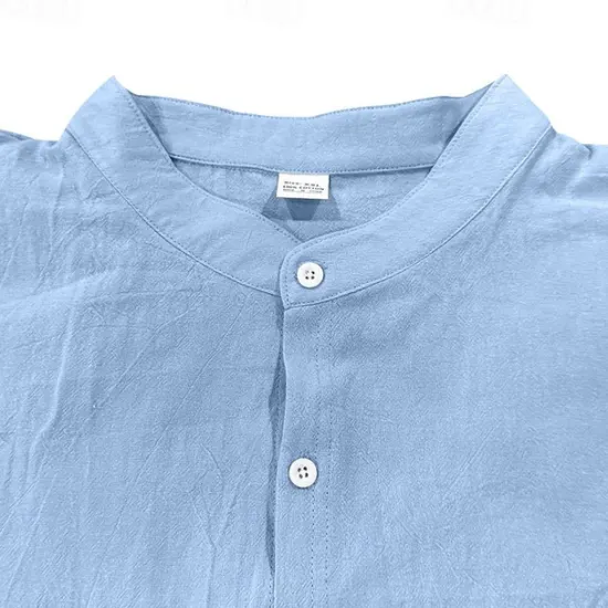 New OUKU Men's Cotton Linen Shirt Plunging Neck Plain Vacation Beach Black White Khaki Dark Gray Long Sleeve Grandad Collar Summer Spring Clothing Apparel Pocket