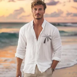 Outlet OUKU Men's Cotton Linen Shirt Palm Tree Outdoor Vacation White Blue Long Sleeve Turndown Summer Spring Clothing Apparel