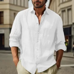 Clearance OUKU Men's Cotton Linen Shirt Plain Vacation Black White Pink Sky Blue Long Sleeve Turndown Clothing Apparel