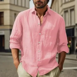 Clearance OUKU Men's Cotton Linen Shirt Plain Vacation Black White Pink Sky Blue Long Sleeve Turndown Clothing Apparel