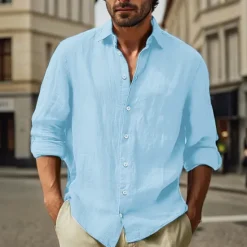 Clearance OUKU Men's Cotton Linen Shirt Plain Vacation Black White Pink Sky Blue Long Sleeve Turndown Clothing Apparel
