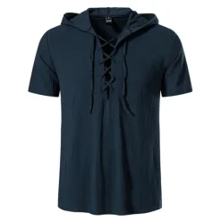 Online OUKU Men's Cotton Linen Shirt Summer Shirt Casual Shirt Beach Shirt Solid Color Vacation Casual Black White Khaki Dark Blue Short Sleeve Hooded Summer Clothing Apparel Drawstring