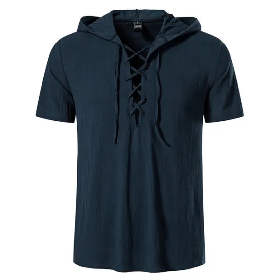 Online OUKU Men's Cotton Linen Shirt Summer Shirt Casual Shirt Beach Shirt Solid Color Vacation Casual Black White Khaki Dark Blue Short Sleeve Hooded Summer Clothing Apparel Drawstring