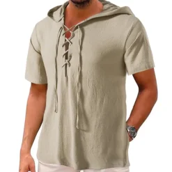 Online OUKU Men's Cotton Linen Shirt Summer Shirt Casual Shirt Beach Shirt Solid Color Vacation Casual Black White Khaki Dark Blue Short Sleeve Hooded Summer Clothing Apparel Drawstring