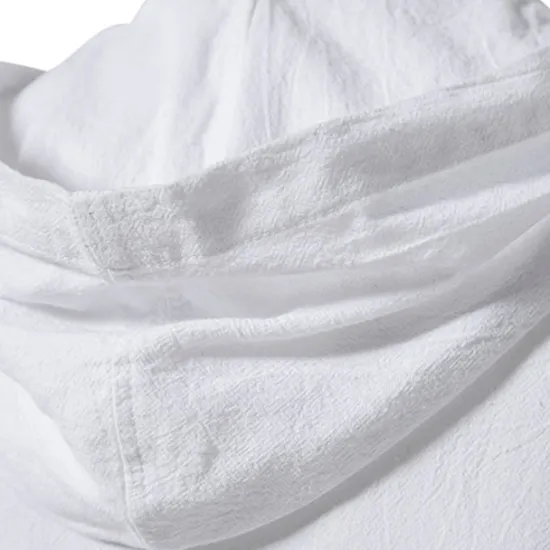 Online OUKU Men's Cotton Linen Shirt Summer Shirt Casual Shirt Beach Shirt Solid Color Vacation Casual Black White Khaki Dark Blue Short Sleeve Hooded Summer Clothing Apparel Drawstring