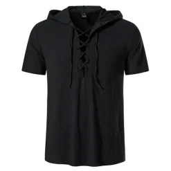 Online OUKU Men's Cotton Linen Shirt Summer Shirt Casual Shirt Beach Shirt Solid Color Vacation Casual Black White Khaki Dark Blue Short Sleeve Hooded Summer Clothing Apparel Drawstring