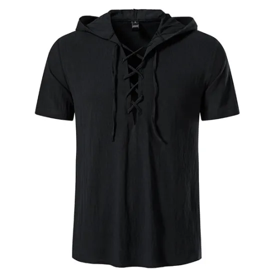 Online OUKU Men's Cotton Linen Shirt Summer Shirt Casual Shirt Beach Shirt Solid Color Vacation Casual Black White Khaki Dark Blue Short Sleeve Hooded Summer Clothing Apparel Drawstring