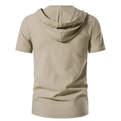 Online OUKU Men's Cotton Linen Shirt Summer Shirt Casual Shirt Beach Shirt Solid Color Vacation Casual Black White Khaki Dark Blue Short Sleeve Hooded Summer Clothing Apparel Drawstring
