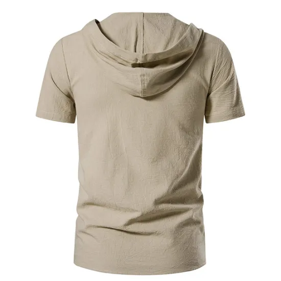 Online OUKU Men's Cotton Linen Shirt Summer Shirt Casual Shirt Beach Shirt Solid Color Vacation Casual Black White Khaki Dark Blue Short Sleeve Hooded Summer Clothing Apparel Drawstring