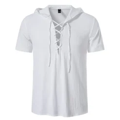 Online OUKU Men's Cotton Linen Shirt Summer Shirt Casual Shirt Beach Shirt Solid Color Vacation Casual Black White Khaki Dark Blue Short Sleeve Hooded Summer Clothing Apparel Drawstring