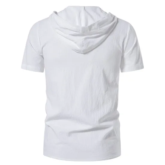 Online OUKU Men's Cotton Linen Shirt Summer Shirt Casual Shirt Beach Shirt Solid Color Vacation Casual Black White Khaki Dark Blue Short Sleeve Hooded Summer Clothing Apparel Drawstring