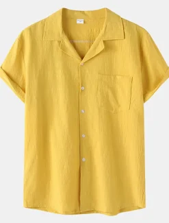 New OUKU Men's Cotton Linen Shirt White Cotton Shirt Summer Shirt Casual Shirt Cuban Collar Shirt Plain Vacation Hawaiian Black White Yellow Green Short Sleeve Lapel Spring & Summer Clothing Apparel Pocket