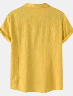 New OUKU Men's Cotton Linen Shirt White Cotton Shirt Summer Shirt Casual Shirt Cuban Collar Shirt Plain Vacation Hawaiian Black White Yellow Green Short Sleeve Lapel Spring & Summer Clothing Apparel Pocket