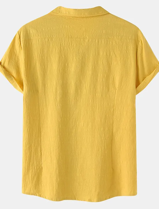 New OUKU Men's Cotton Linen Shirt White Cotton Shirt Summer Shirt Casual Shirt Cuban Collar Shirt Plain Vacation Hawaiian Black White Yellow Green Short Sleeve Lapel Spring & Summer Clothing Apparel Pocket